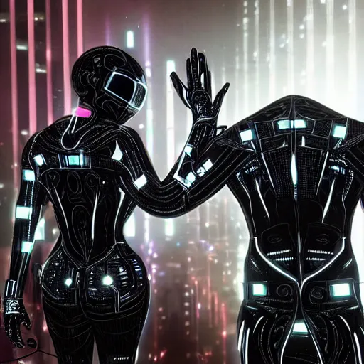 Image similar to love, diverse black cybersuits, from behind, connection rituals, wide wide angle, vivid, elaborate, highly detailed, beautiful lighting