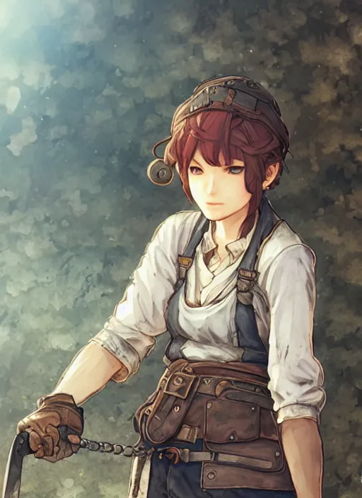 Image similar to character portrait of a blacksmith tomboy, hidari, color page, tankoban, 4K, tone mapping, Akihiko Yoshida.