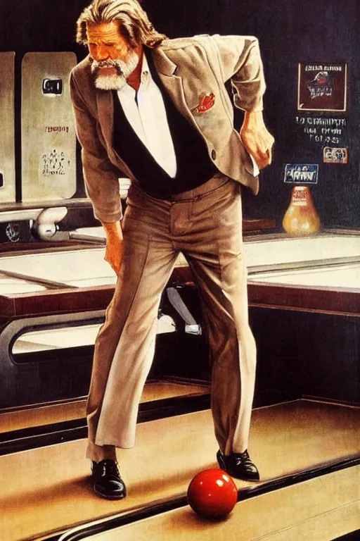 Prompt: Jeff Bridges from the movie The big Lebowski playing bowling painted by Norman Rockwell