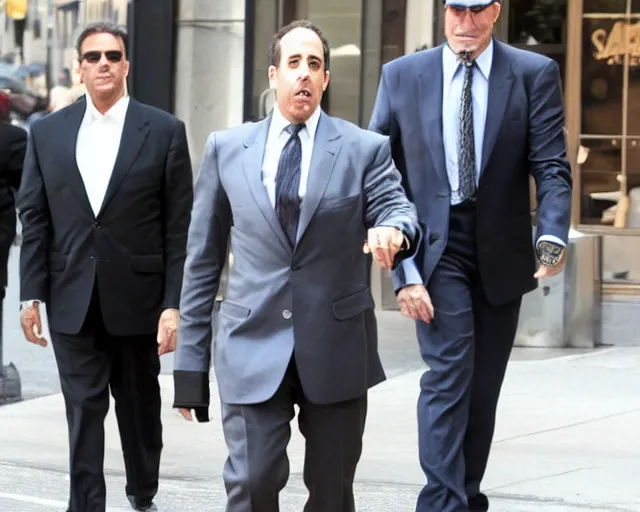 Prompt: Jerry Seinfeld in a suit raging outside of a Starbucks, paparazzi, TMZ, leaked photo, candid shot