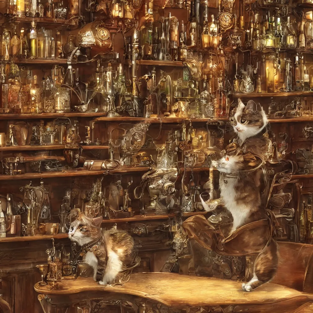 Prompt: photorealistic steampunk cat sitting at a bar