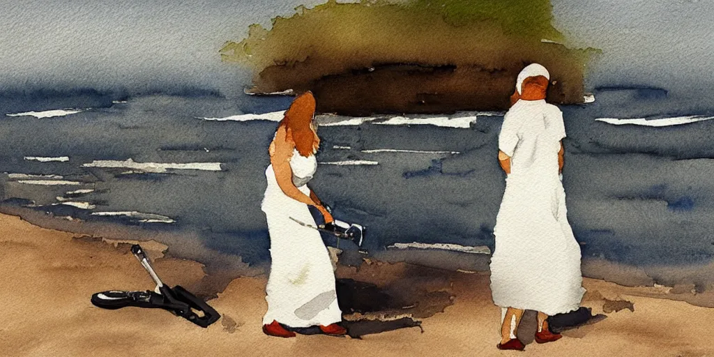 Image similar to a woman wearing a white dress, using a metal detector on a beach, watercolour realistic