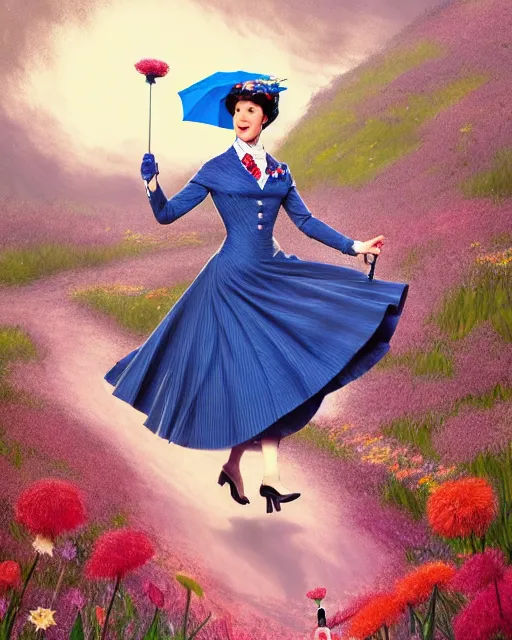 Prompt: Julie Andrews Mary Poppins from Disney 1964 dancing in a field full of flowers, wide-angle shot, D&D, fantasy, intricate, elegant, highly detailed, digital painting, artstation, concept art, matte, sharp focus, illustration, hearthstone, art by Artgerm and Greg Rutkowski and Alphonse Mucha