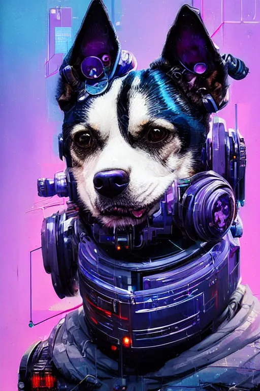 Image similar to a beautiful portrait of a cute cyberpunk dog by sandra chevrier and greg rutkowski and wlop, purple blue color scheme, high key lighting, volumetric light, digital art, highly detailed, fine detail, intricate, ornate, complex, octane render, unreal engine, photorealistic