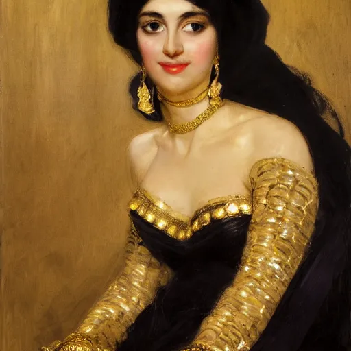 Prompt: portrait of a lovely lebanese princess with medium - sized black wavy hair, gold - made jewelry over her head and gold jewelry covering her curved but thin body, with a orientalist smileful face, excellent lighting, high detail by theodore ralli and nasreddine dinet and anders zorn and edwin longsden 8 k