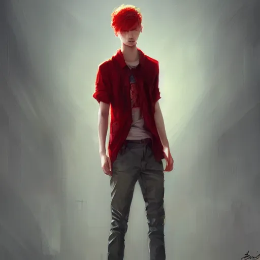 Prompt: teen boy, red hair, modern clothes, gorgeous, amazing, feminine, elegant, intricate, highly detailed, digital painting, artstation, concept art, sharp focus, illustration, art by WLOP and greg rutkowski