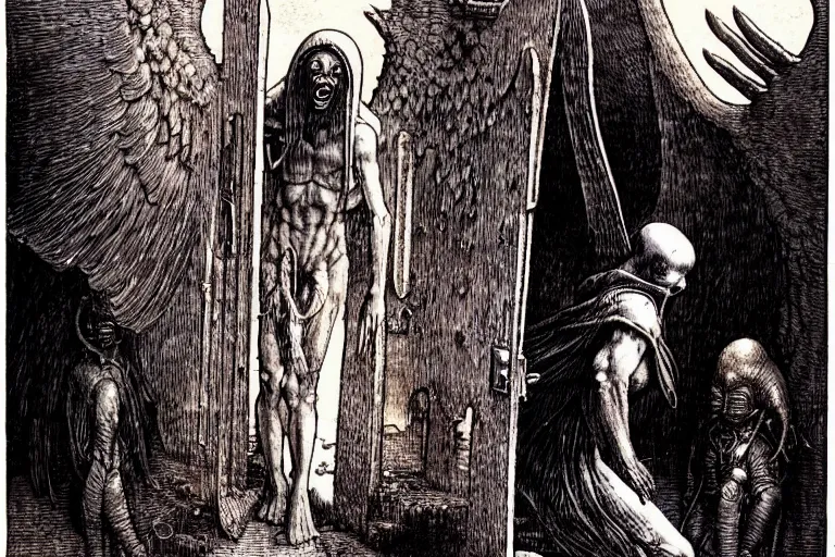 Prompt: fallen angel begs to enter the gates of hell by les edwards and much a and moebius and hieronymus bosch