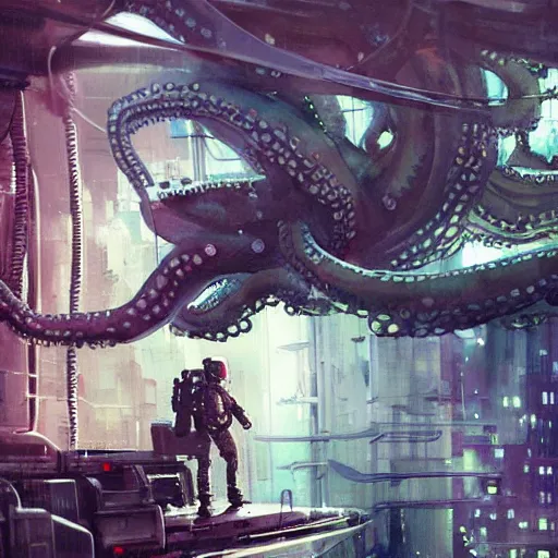 Image similar to octopus on a space station, cyberpunk, realistic, detailed, Industrial Scifi, paint, watercolor, in the style of Ashley Wood and Wadim Kashin
