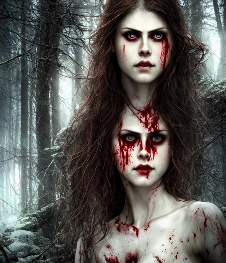 Image similar to photo of a gorgeous nordic female, covered in blood, in dark forest, alexandra daddario face!, realistic, sharp focus, hdr, 8 k, high definition, insanely detailed, intricate, elegant, art by stanley lau and artgerm, luis royo, greg kutkowski