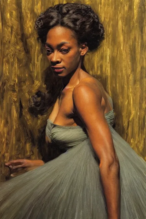 Image similar to portrait of a gorgeous graceful black prima ballerina, by donato giancola and berthold woltze.