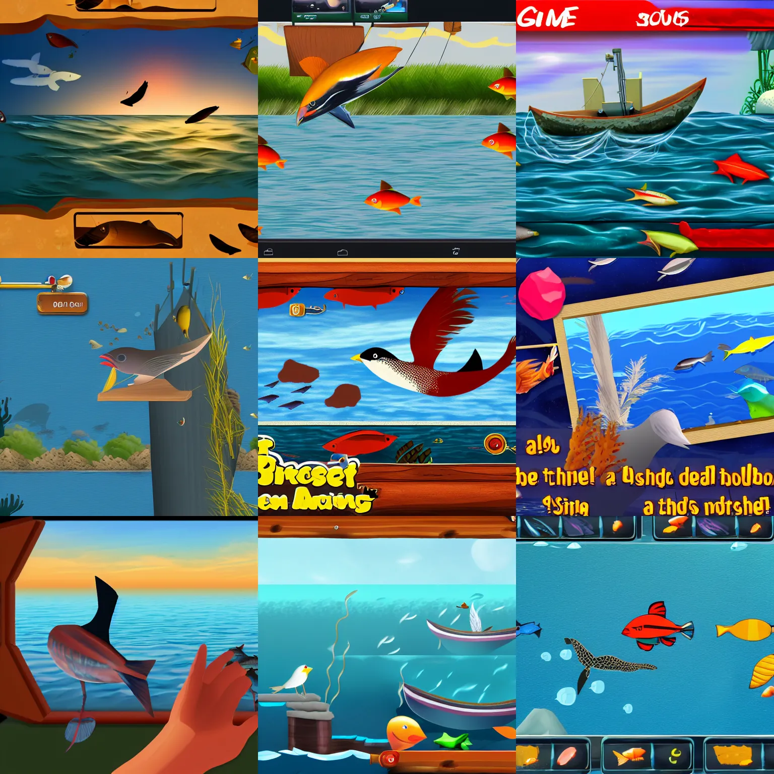 Prompt: screenshot of a sideview game, bird on a boat fishing in a deep sea full of fish
