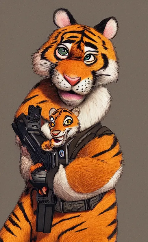 Image similar to “portrait of tiger in the style of the movie zootopia holding a laser gun, with a dark background behind him”