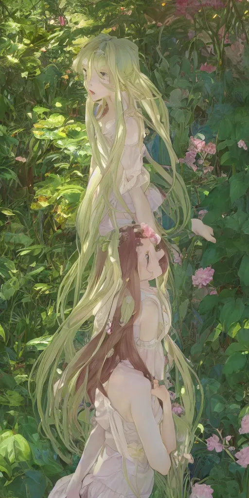 Image similar to a digital art of a loli with long hair in a dress in the privet garden at after noon, green and warm theme, back lighting, by krenz cushart and mucha and akihito yoshida and greg rutkowski and makoto shinkai, extremely long shot, detailed eyes, 4 k resolution, trending on art station