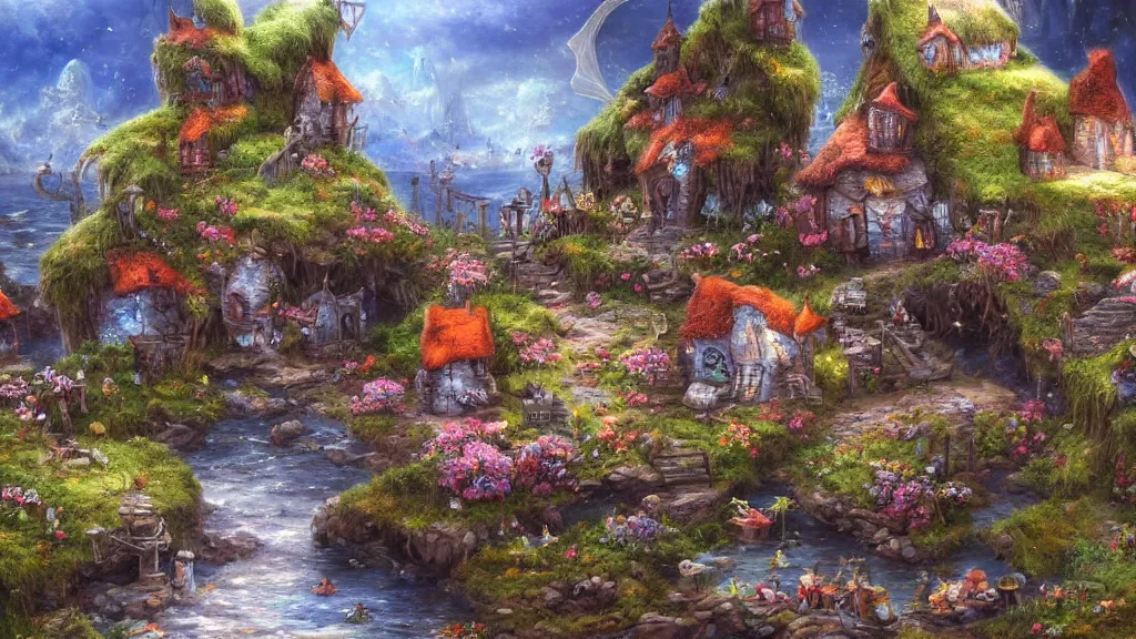 Prompt: a detailed fairy village near some rocks, highly detailed oil painting, epic fantasy art, abstraction, masterpeice, 8k