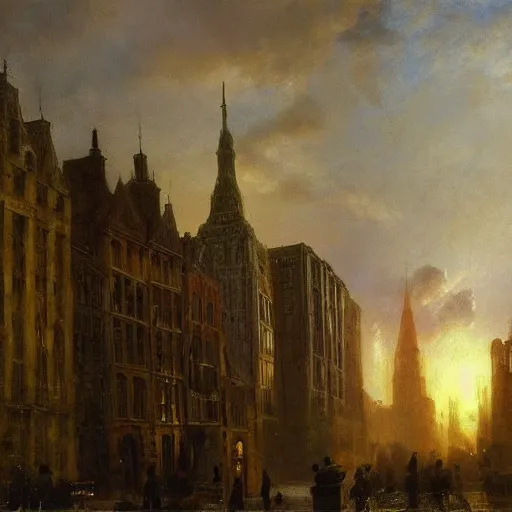 Image similar to opalescent, play doh by alan bean, by andreas achenbach. experimental art. a cityscape in which tall, imposing buildings loom over a small city park. the scene is suffused with a eerie, light, & the overall effect is one of foreboding & menace.