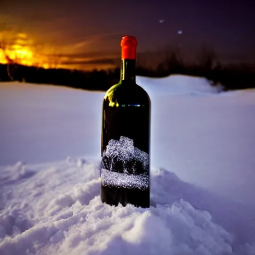 Prompt: wine bottle artistically buried in the snow, starry night sky