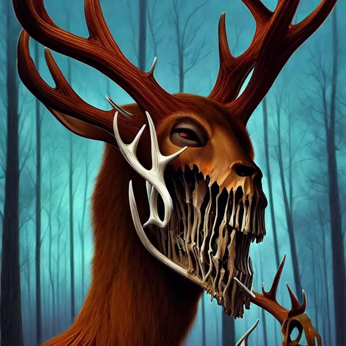 Image similar to rafeal albuquerque comic art, joshua middleton, artgerm : : wendigo monster with deer skull face, antlers, furry body, tall and lanky : : walking through the forest : : night time : : spooky, scary, fog