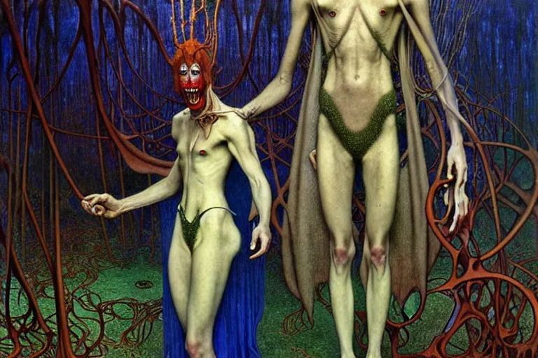 Image similar to realistic extremely detailed portrait painting of an elegantly creepy vampire man dressed as dracula, futuristic sci-fi forest on background by Jean Delville, Amano, Yves Tanguy, Alphonse Mucha, Ernst Haeckel, Edward Robert Hughes, Roger Dean, rich moody colours, blue eyes