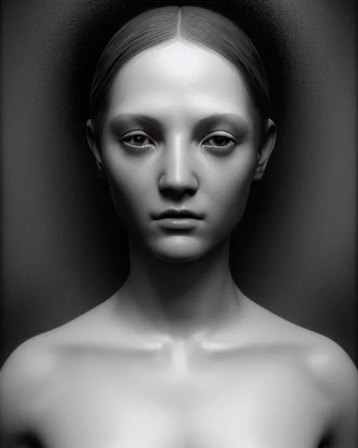 Image similar to dreamy, monochrome, subsurface scattering, white, cyborg goddess in cosmos, black and white, octane render, dino valls, mark ryden, highly detailed, rim light, art, cinematic lighting, very coherent, hyper realism, 8 k