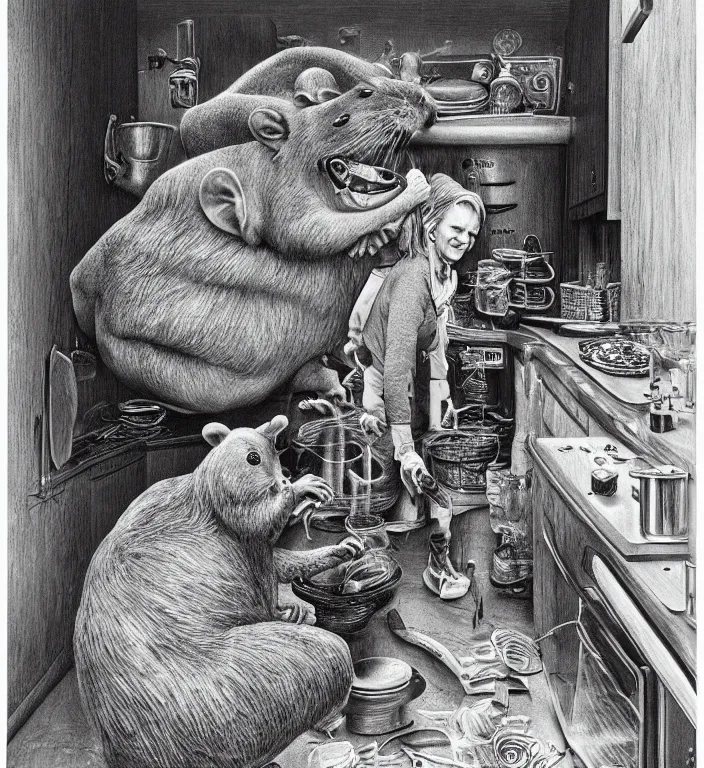 Image similar to woman puts a big rat in the oven 90s by Laurie Lipton, high detailed, realistic,dark surrealism, hyper detailed