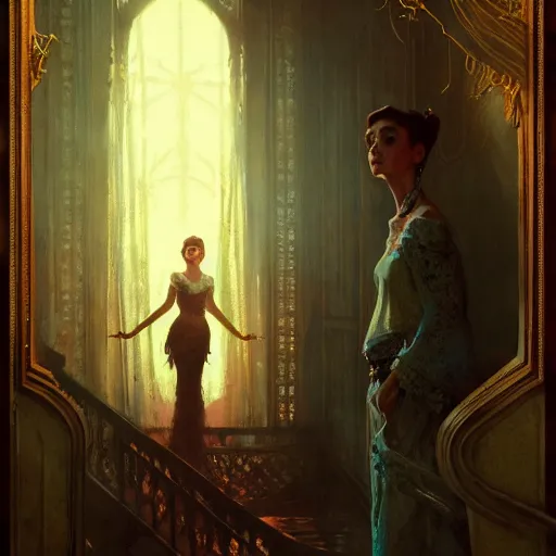 Prompt: audrey hepburn in a horror novel, various backgrounds, highly detailed, digital painting, artstation, matte, illustration, art by gaston bussiere, greg rutkowski, j. c. leyendecker