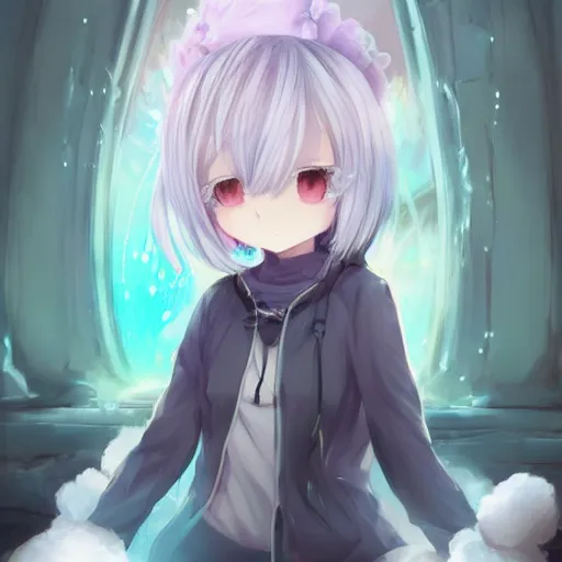 Image similar to advanced full body digital anime art::cute short anime girl dog hybrid, short white hair, purple watery eyes, full round face :: cinematic lighting, very high detail, trending on pixiv :: WLOP, RossDraws, RuanJia, James Jean, Andrei Riabovitchev, Totorrl, Marc Simonetti, Visual Key, and Sakimichan