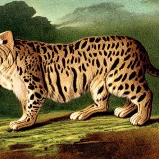 Prompt: an extinct sabertooth cat, cat with huge fangs, naturalist illustration