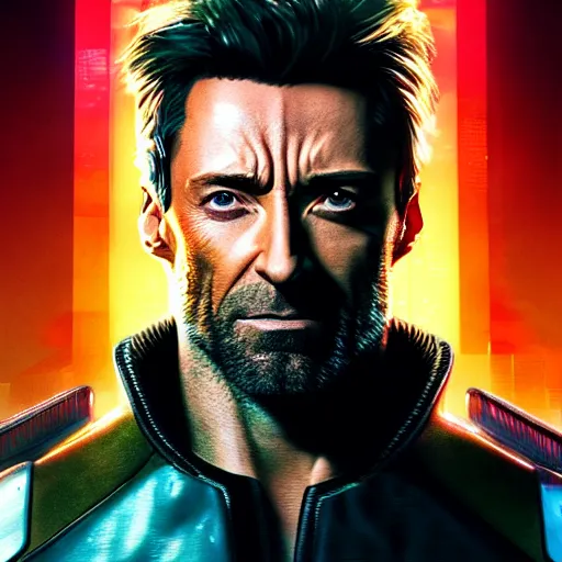 Prompt: hugh jackman portrait, cyberpunk 2 0 7 7, photorealistic, ultra detailed, neon, octane rendered, bokeh, cinematic lighting, cyber, cyberpunk city, studio quality, feature, scars, cyberface, 8 k