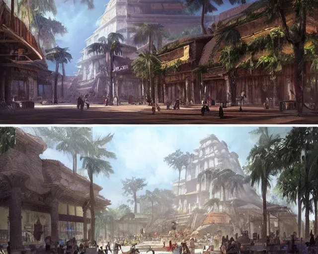 Image similar to a mall in the style of precolombian mayan cities, art by greg rutkowski and artgerma, stunning concept art, interior design architecture