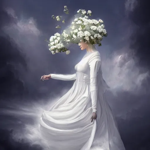 Image similar to painting of a a queen with a white large magnificent more and more vaporous ,wrapped ,hight decorated, detailed ,white and cream roses cotton dress shooting surrounded by a bouquet of abstract white flowers and clouds, dramatic light, artstation octane,surrealism 8k