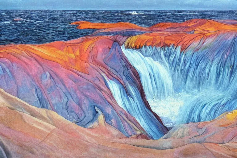 Prompt: An isthmus between the land of silicon and the paint waterfall on the first day of the earth by Robert Kurvitz