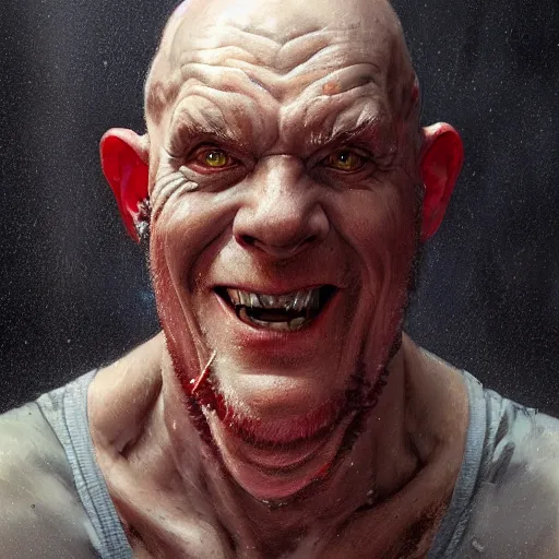 Image similar to portrait of a red bald man with black eyes and a black smile, horror, glowing eyes, by Stanley Artgerm Lau , greg rutkowski, thomas kindkade, alphonse mucha, loish, norman rockwell. Trending on artstation detailed illustration hd 4k