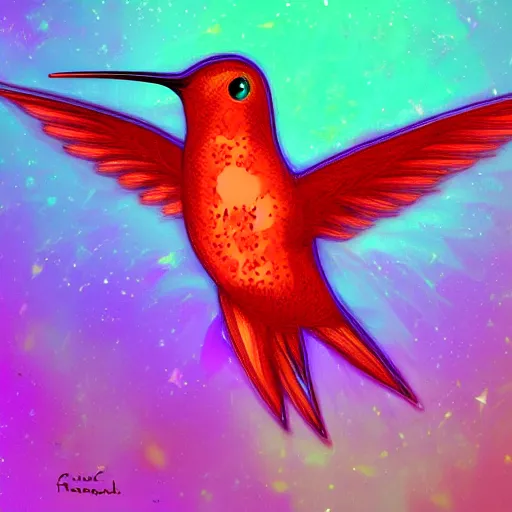 Prompt: frantic hummingbird phoenix zipping around, wanting to explore and investigate everything. it\'s curiosity is unbounded and unsatiable, digital art, trending on artstation, cartoon, stylized, rainbow feathers