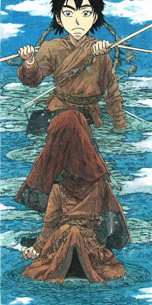 Image similar to a king sitting on a throne floating on water in the middle of a lake drawn by Makoto Yukimura in the style of Vinland saga anime, full color