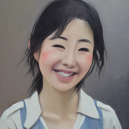Prompt: mikan tsumiki, a 2 1 - year - old japanese woman, smiles with tears in her eyes, realistic oil painting by yasutomo oka, soft features, bittersweet