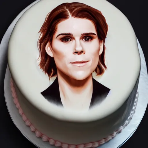 Image similar to a cake with vanilla frosting in the shape of the face of kate mara, 4 k, hyperdetailed, photorealism