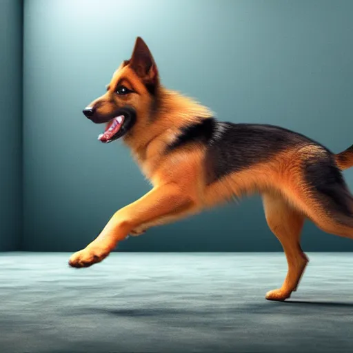 Image similar to my gsd puppy gets the zoomies, high energy, frenetic craziness, running, jumping, chasing, 3 d octane render, imax 7 0 mm, rtx,