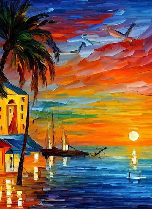 Image similar to beautiful seaside greek village at sunset in the style of leonid afremov