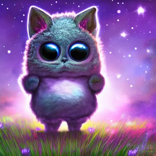 Prompt: cute fluffy aliens with big eyes and big ears in field of weird luminescent plants detailed painting 4k