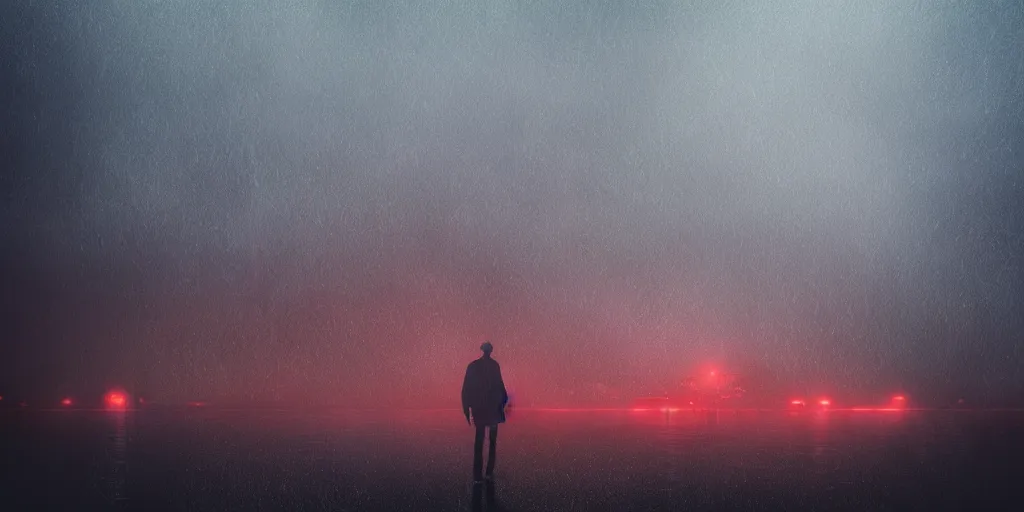 Image similar to sad singularity silhouette, octane renderer, stormy weather, atmospheric establishing shot, rain, night, film grain, cinematic render, end of the world, environment art trending on ArtStation, ultra detailed technological city, red smoke, volumetric fog