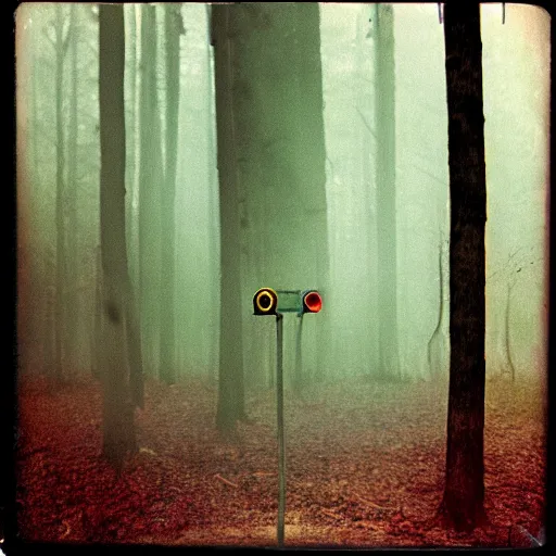 Image similar to a traffic light in the middle of a forest clearing, old polaroid, expired film, foggy, dark, surreal, eerie, creepy,