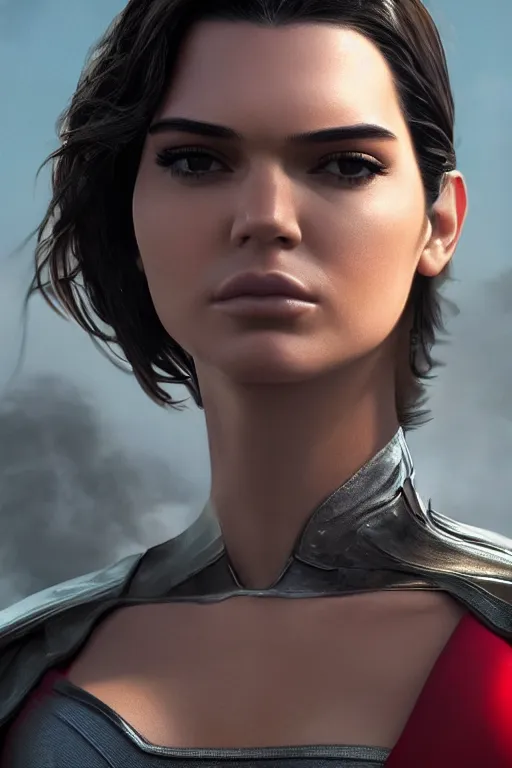 Image similar to a fancy close up of Man of Steel cast as Kendall Jenner by Greg Rutkowski, Sung Choi, Mitchell Mohrhauser, Maciej Kuciara, Johnson Ting, Maxim Verehin, Peter Konig, 8k photorealistic, cinematic lighting, HD, high details, dramatic, trending on artstation, full body shot