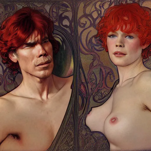 Prompt: James Coburn with red hair and long pixie haircut in shorts and white shirt drawn by Donato Giancola and Jon Foster, frank frazetta, alphonse mucha, background by James Jean and gustav klimt, 4k, volumetric lighting, french nouveau, trending on artstation, octane render, hyperrealistic