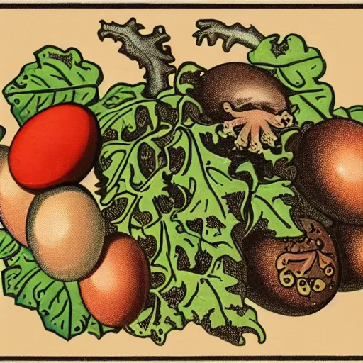 Prompt: a Giraud vintage logo with, toads, eggs, a vine ivy and eyes and octupus