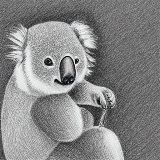 Image similar to a hand drawn pencil sketch of a quizzical koala staring at a bubble black and white illustration