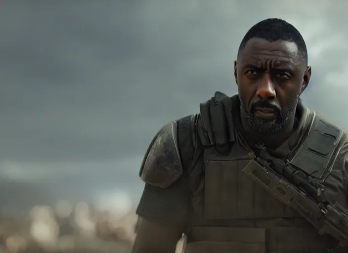 Prompt: close up cinematic artwork of Idris Elba staring down the enemy on the battlefield by Greg Rutkowski, 4k, masterpiece
