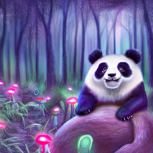 Image similar to a panda in the forest of bioluminescent mushroom ,realistic ,magical forest, 8k , digital art ,