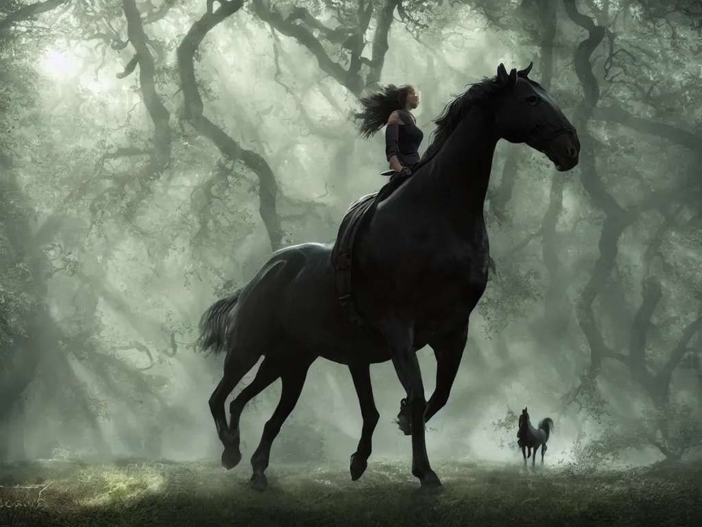 Image similar to a woman ridingon a strong black horse through a oak and beech forrest, rays of life, cinematic, fantasy art, moody morning light, cryengine, trending on artstation, by peter jackson