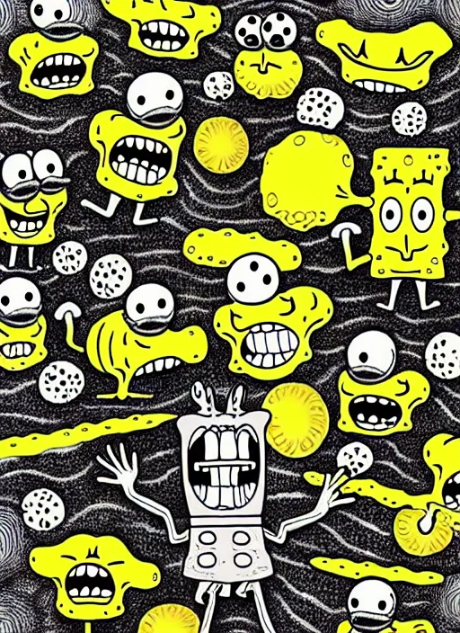 Image similar to junji ito style spongebob squarepants, intricate, highly detailed, illustration, art by junji ito, junji ito