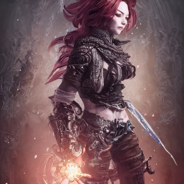 Prompt: the portrait of chaotic neutral female rogue assassin as absurdly beautiful, gorgeous, elegant, playful, young woman, an ultrafine hyperdetailed illustration by kim jung gi, irakli nadar, intricate linework, bright colors, octopath traveler, final fantasy, unreal engine 5 highly rendered, global illumination, radiant light, detailed and intricate environment